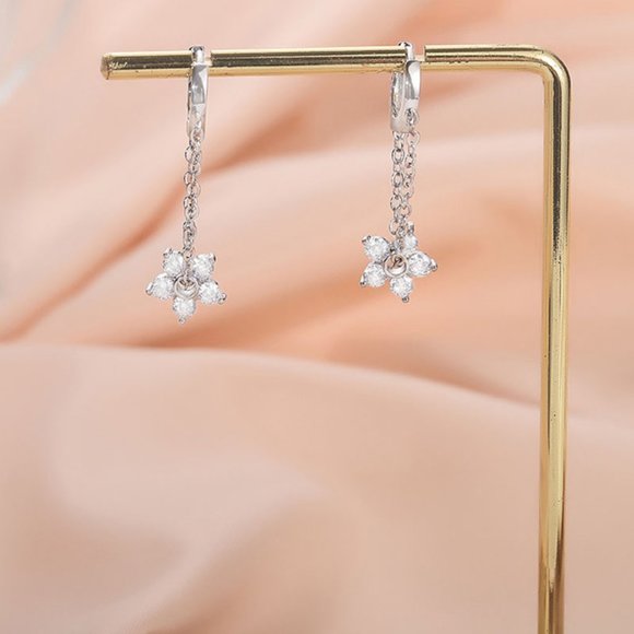 NEW Silver Copper Zircon Flower Chain Tassel Hoop Earrings - Picture 7 of 10